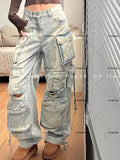 Getadme Two New Heavy Industry Multi-Pocket Washed Cargo Pants Women Y2K Vintage High-Rise Loose Oversized Straight-Leg Jeans