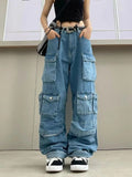 Getadme Two New Heavy Industry Multi-Pocket Washed Cargo Pants Women Y2K Vintage High-Rise Loose Oversized Straight-Leg Jeans