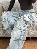 Getadme Two New Heavy Industry Multi-Pocket Washed Cargo Pants Women Y2K Vintage High-Rise Loose Oversized Straight-Leg Jeans