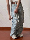 Getadme Two New Heavy Industry Multi-Pocket Washed Cargo Pants Women Y2K Vintage High-Rise Loose Oversized Straight-Leg Jeans