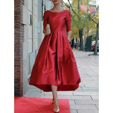 GETADME Modigirl Women  A-Line Long Sleeve Dresses Half Sleeves Round-Neck Pleated  Elegant Classical Evening Christmas Midi Dresses