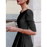 GETADME Modigirl Women  A-Line Long Sleeve Dresses Half Sleeves Round-Neck Pleated  Elegant Classical Evening Christmas Midi Dresses