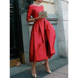 GETADME Modigirl Women  A-Line Long Sleeve Dresses Half Sleeves Round-Neck Pleated  Elegant Classical Evening Christmas Midi Dresses
