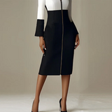 GETADME Modigirl Women's Black Bodycon Dresses 2025 Autumn Winter Contrast Color V-neck with Zipper Long Sleeves Formal Occasion Dresses