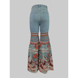 GETADME Modigirl Womens Jeans Pants Autumn Winter Blue Vintage Floral Printed Bottoms with Pockets Woman High-Waisted Flared Pants