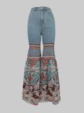 GETADME Modigirl Womens Jeans Pants Autumn Winter Blue Vintage Floral Printed Bottoms with Pockets Woman High-Waisted Flared Pants
