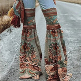 GETADME Modigirl Womens Jeans Pants Autumn Winter Blue Vintage Floral Printed Bottoms with Pockets Woman High-Waisted Flared Pants