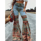 GETADME Modigirl Womens Jeans Pants Autumn Winter Blue Vintage Floral Printed Bottoms with Pockets Woman High-Waisted Flared Pants