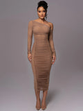 GETADME Mozision Diagonal Collar Long Sleeve Midi Dress For Women Two Layer Mesh Backless Ruched Bodycon Club Party Sexy Long Dress