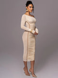 GETADME Mozision Diagonal Collar Long Sleeve Midi Dress For Women Two Layer Mesh Backless Ruched Bodycon Club Party Sexy Long Dress