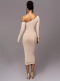 GETADME Mozision Diagonal Collar Long Sleeve Midi Dress For Women Two Layer Mesh Backless Ruched Bodycon Club Party Sexy Long Dress