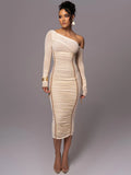 GETADME Mozision Diagonal Collar Long Sleeve Midi Dress For Women Two Layer Mesh Backless Ruched Bodycon Club Party Sexy Long Dress