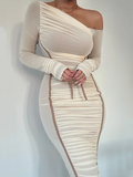 GETADME Mozision Diagonal Collar Long Sleeve Midi Dress For Women Two Layer Mesh Backless Ruched Bodycon Club Party Sexy Long Dress