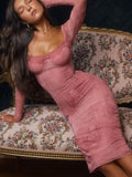 GETADME Mozision Square Collar Long Sleeve Print Sexy Midi Dress Women Autumn Winter New Bodycon Long Dresses Elegant Club Party Dress