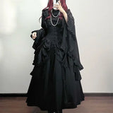 GETADME NONSAR Gothic Black High Waist Fishbone Slim Mid Skirts Women Palace Style Vintage Solid Button A-Line Irregular Y2K Long Skirt