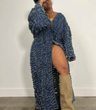 GETADME 여성용 새로운 아프리카 패션 가디건 가을 봄 섹시한 홀로우 데님 롱 다운 코트 플러스 유럽 여성 수영복 롱 기모노