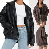 GETADME New Autumn Winter Women's Lapel Leather Coat Women PU Leather Jacket Locomotive Style Hot Top