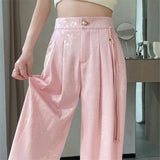 GETADME New Chinese Style Jacquard Wide Leg Satin Pants for Women Elegant Solid Office Lady Women's Casual Loose Pants Female