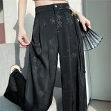 GETADME New Chinese Style Jacquard Wide Leg Satin Pants for Women Elegant Solid Office Lady Women's Casual Loose Pants Female
