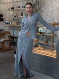 GETADME New Elegant Button Down Long Knit Skirt Set For Women 2024 Chic Lapel Collar Full Sleeve Solid Sweater Suit Fall Female Knitwear