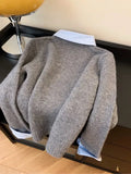 GETADME New Fake Two Piece Shirt Collar Sweater For Women Autumn Winter New Style Casual Contrast Color Grey Pullover Knitted Top