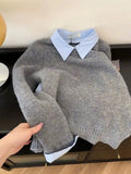 GETADME New Fake Two Piece Shirt Collar Sweater For Women Autumn Winter New Style Casual Contrast Color Grey Pullover Knitted Top