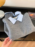 GETADME New Fake Two Piece Shirt Collar Sweater For Women Autumn Winter New Style Casual Contrast Color Grey Pullover Knitted Top