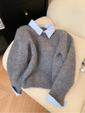 GETADME New Fake Two Piece Shirt Collar Sweater For Women Autumn Winter New Style Casual Contrast Color Grey Pullover Knitted Top
