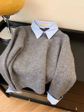 GETADME New Fake Two Piece Shirt Collar Sweater For Women Autumn Winter New Style Casual Contrast Color Grey Pullover Knitted Top