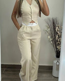 Getadme New Fashion 2025 Summer Casual Sexy Elegant V-Neck Buttoned Vest Top & Pocket Design Pants Set Womens Two Piece Sets Outfit