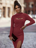 Getadme New Fashion Long Sleeve Knitted Bodycon Midi Dress Women 2025 Autumn Buttons Elasticity Office Elegant Dresses For Women vestido