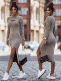 Getadme New Fashion Long Sleeve Knitted Bodycon Midi Dress Women 2025 Autumn Buttons Elasticity Office Elegant Dresses For Women vestido