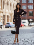 Getadme New Fashion Long Sleeve Knitted Bodycon Midi Dress Women 2025 Autumn Buttons Elasticity Office Elegant Dresses For Women vestido
