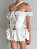 GETADME New Fashion Women 2 Piece Outfits Lace Patchwork Irregular Bustier Tops And Mini Skirt Set For Streetwear Aesthetic Clothes