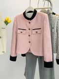 GETADME New High Quality Vintage Tweed Jacket Coat Women Small Fragrance Contrast Color Long Sleeve Fashion Casual Outwear Tops Clothing