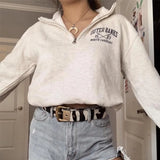 GETADME New Preppy Style Letter Print Zip Up POLO Collar Sweatshirt Women White Vintage Warm Fleece Winter Pullovers Design Fashion