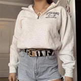 GETADME New Preppy Style Letter Print Zip Up POLO Collar Sweatshirt Women White Vintage Warm Fleece Winter Pullovers Design Fashion