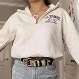 GETADME New Preppy Style Letter Print Zip Up POLO Collar Sweatshirt Women White Vintage Warm Fleece Winter Pullovers Design Fashion