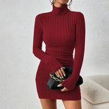 GETADME New Solid Dresses Autumn Winter Women Long Sleeves Turtleneck Sexy Bodycon Sheath Mini Dress Club Elegant Party Knitted Dresses