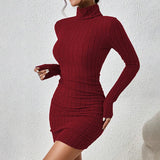 GETADME New Solid Dresses Autumn Winter Women Long Sleeves Turtleneck Sexy Bodycon Sheath Mini Dress Club Elegant Party Knitted Dresses