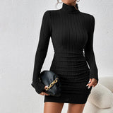 GETADME New Solid Dresses Autumn Winter Women Long Sleeves Turtleneck Sexy Bodycon Sheath Mini Dress Club Elegant Party Knitted Dresses