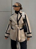 GETADME New Spliced Contrast Woolen Coat Women Long Sleeve Thicken Jacket with Belt Pockets 2024 Autumn Casual Ladies Commuter Outwear