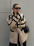 GETADME New Spliced Contrast Woolen Coat Women Long Sleeve Thicken Jacket with Belt Pockets 2024 Autumn Casual Ladies Commuter Outwear