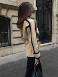 GETADME New Spliced Contrast Woolen Coat Women Long Sleeve Thicken Jacket with Belt Pockets 2024 Autumn Casual Ladies Commuter Outwear