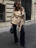GETADME New Spliced Contrast Woolen Coat Women Long Sleeve Thicken Jacket with Belt Pockets 2024 Autumn Casual Ladies Commuter Outwear