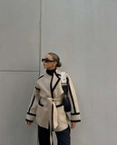 GETADME New Spliced Contrast Woolen Coat Women Long Sleeve Thicken Jacket with Belt Pockets 2024 Autumn Casual Ladies Commuter Outwear