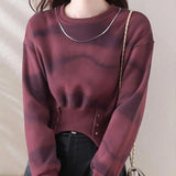 Getadme New Style Autumn and Winter Women's Tie Dye O-Neck Long Sleeve Short Button Slim Plush Pullovers Fashion Casual Korean Tops