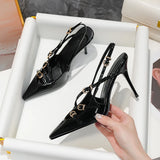 GETADME New Summer Women's High Heels, Toe-cap Patent Leather Buckle Straps, Cat Heel Sandals, Sexy Backless High Heels
