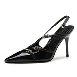 GETADME New Summer Women's High Heels, Toe-cap Patent Leather Buckle Straps, Cat Heel Sandals, Sexy Backless High Heels