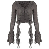 GETADME New Vintage Hollow Out Micro Through Long Sleeve Blouse Ruffle Slim-fit and Skinny-proof T-shirt Blusas De Chifon Elegantes